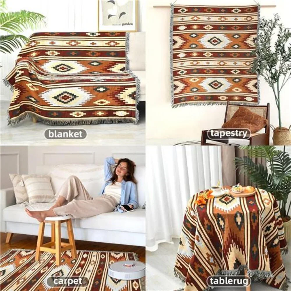 Boho Throw Blanket Reversible Cotton Tapestry Hippie Room Decor